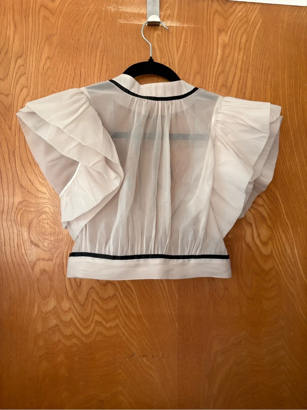 Snidel Sheer White Tie-Neck Puff Sleeve Blouse or bolero with Black Trim 0